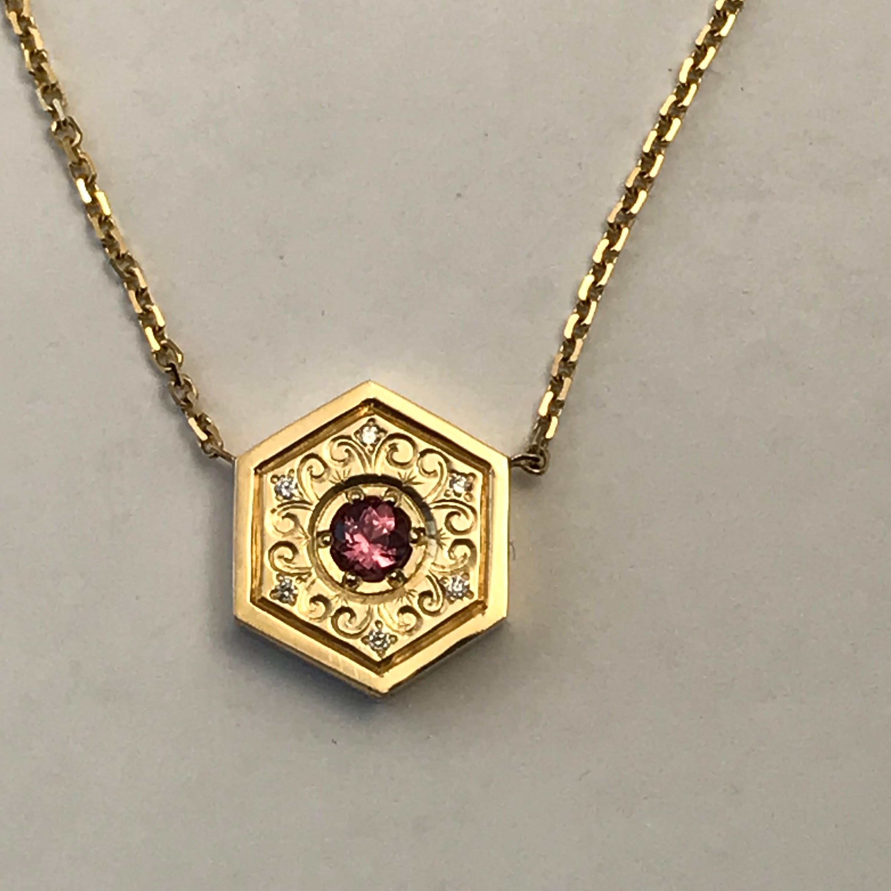 Contemporary Hexagon Necklace in 14 Karat Gold and Gems-Pink Sapphire Flower For Sale