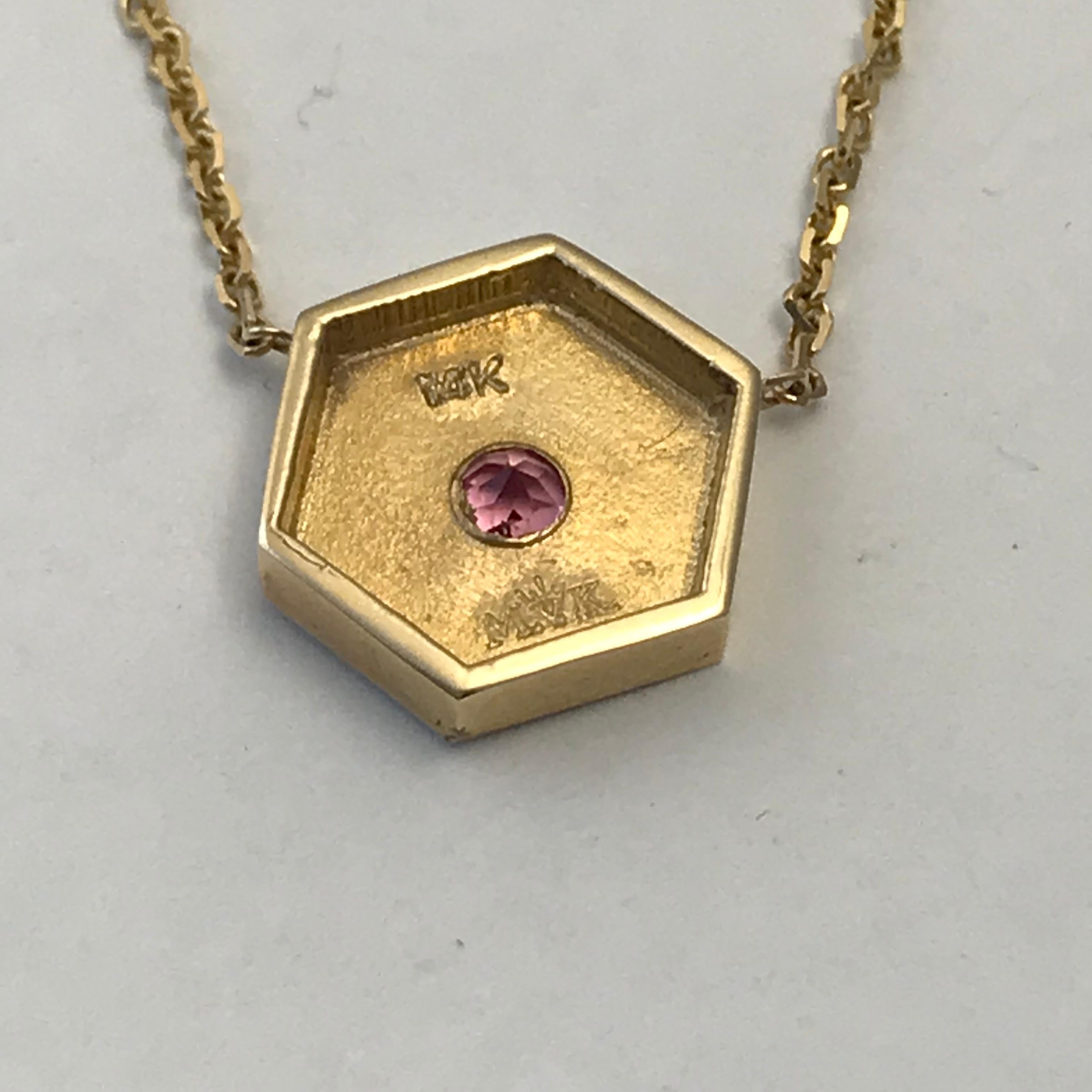 Women's or Men's Hexagon Necklace in 14 Karat Gold and Gems-Pink Sapphire Flower For Sale