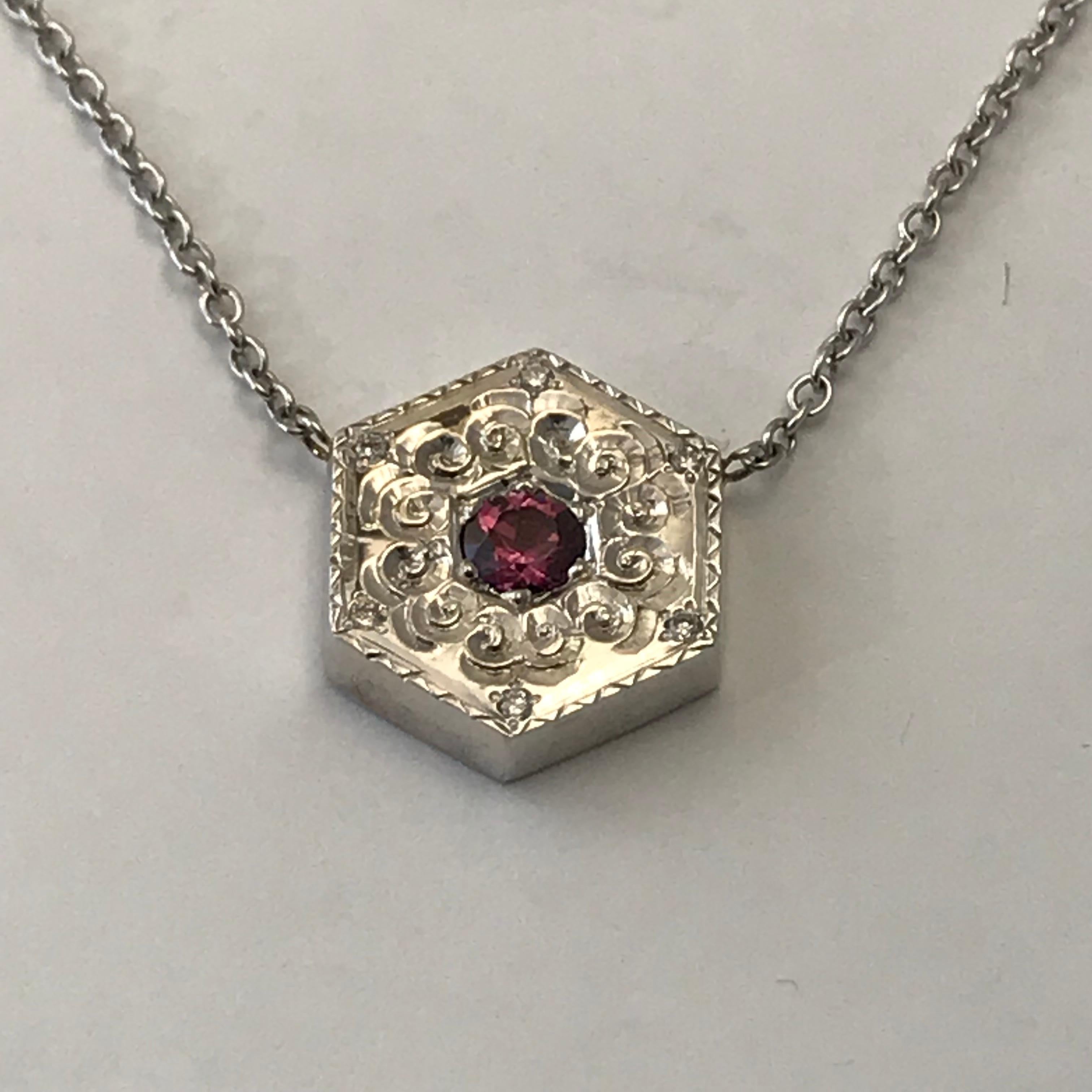 Contemporary Hexagon Necklace in 14 Karat White Gold and Gems-White and Pink For Sale