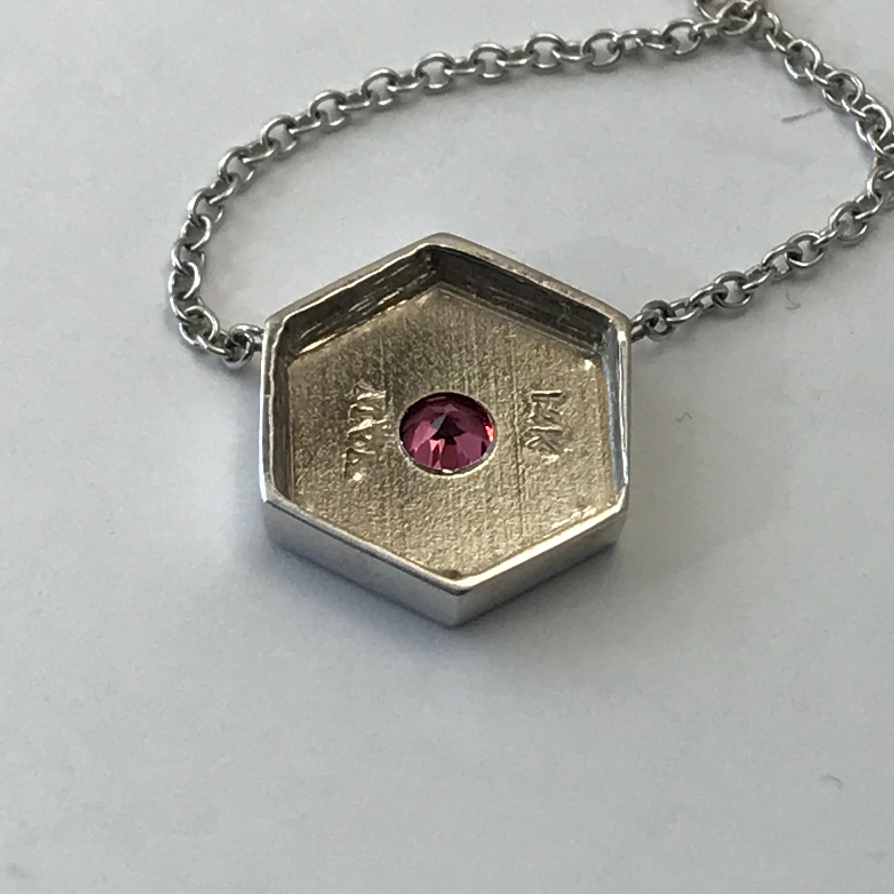 Round Cut Hexagon Necklace in 14 Karat White Gold and Gems-White and Pink For Sale