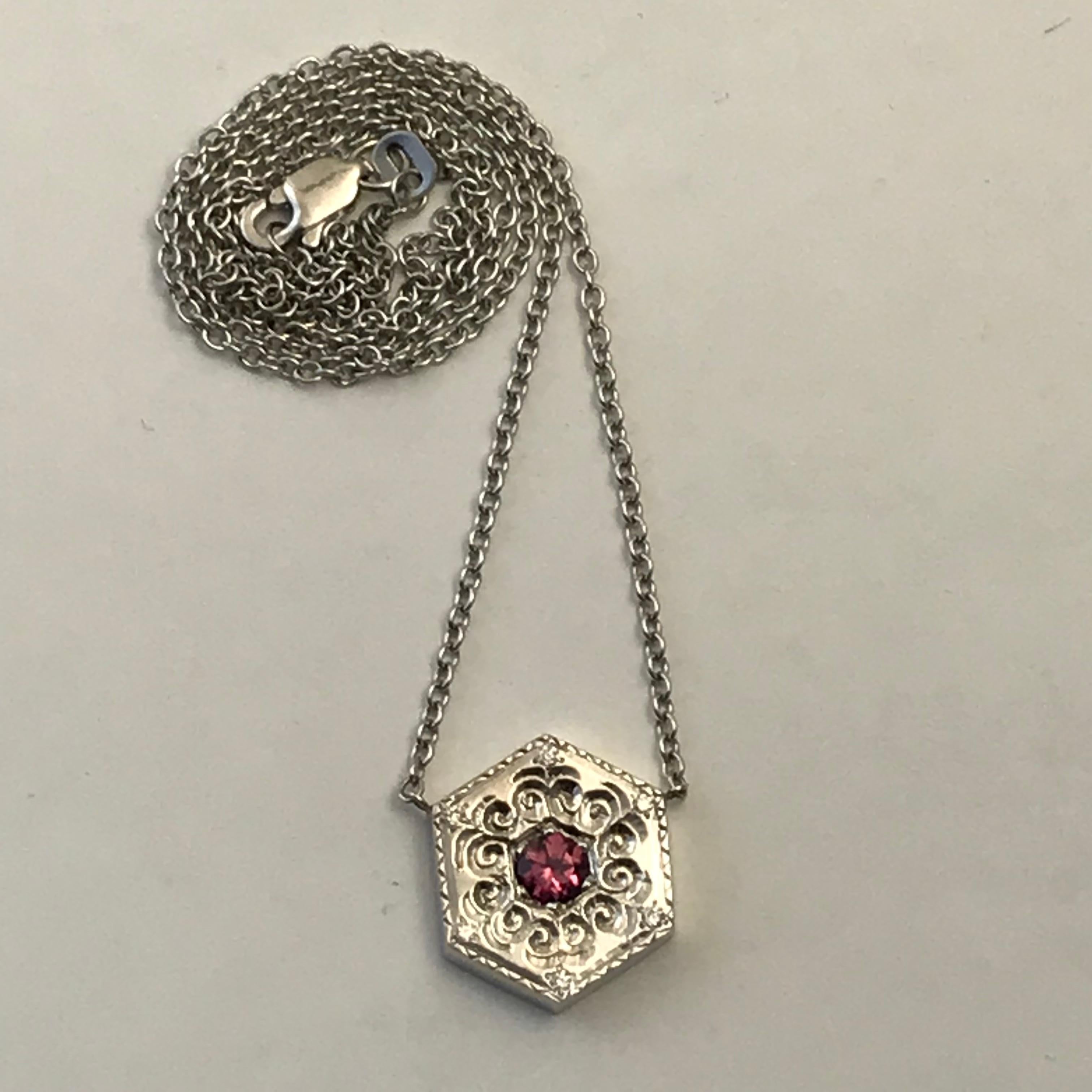 Women's or Men's Hexagon Necklace in 14 Karat White Gold and Gems-White and Pink For Sale