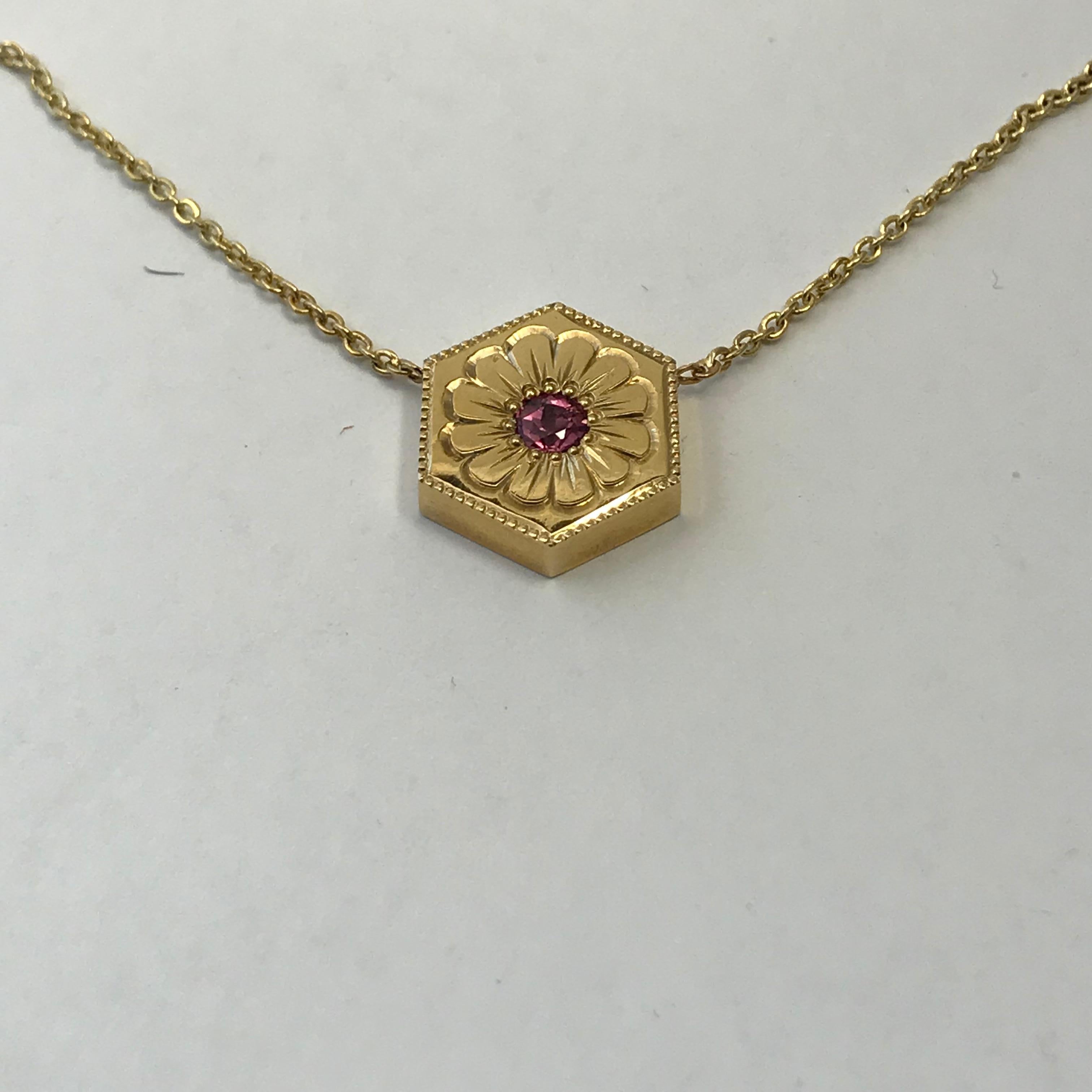 Contemporary Hexagon Necklace in 14 Karat Gold and Gems-Sapphire For Sale