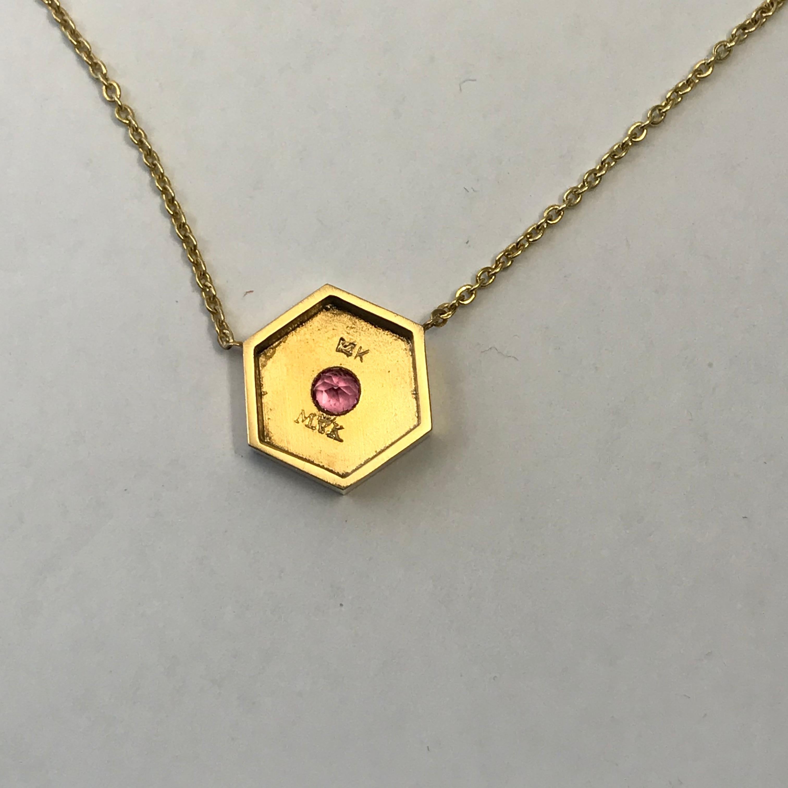 Women's or Men's Hexagon Necklace in 14 Karat Gold and Gems-Sapphire For Sale