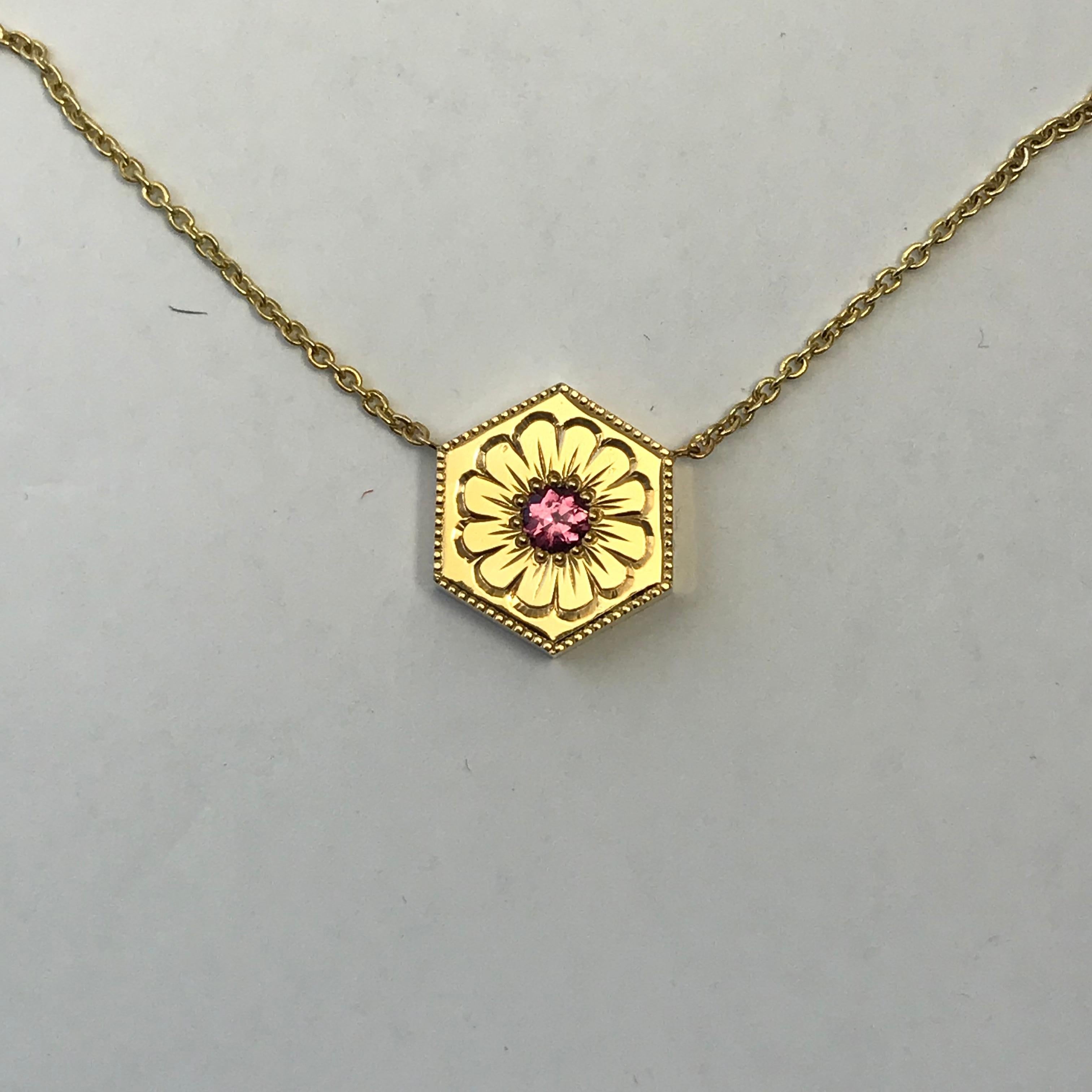 Round Cut Hexagon Necklace in 14 Karat Gold and Gems-Sapphire For Sale