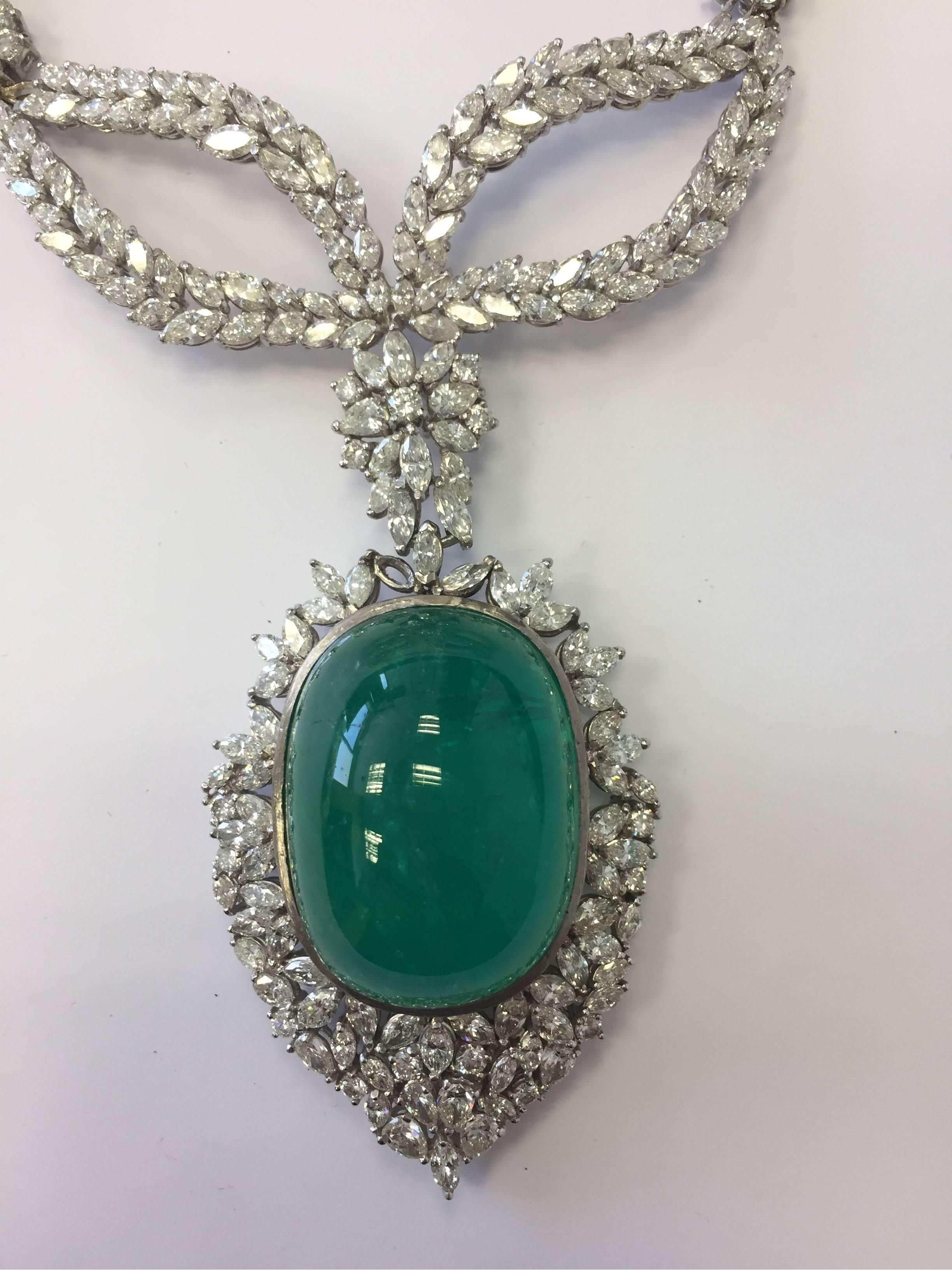 Oval Cut Oval Emerald Cabochon and Diamond Necklace Once Owned By A Princess