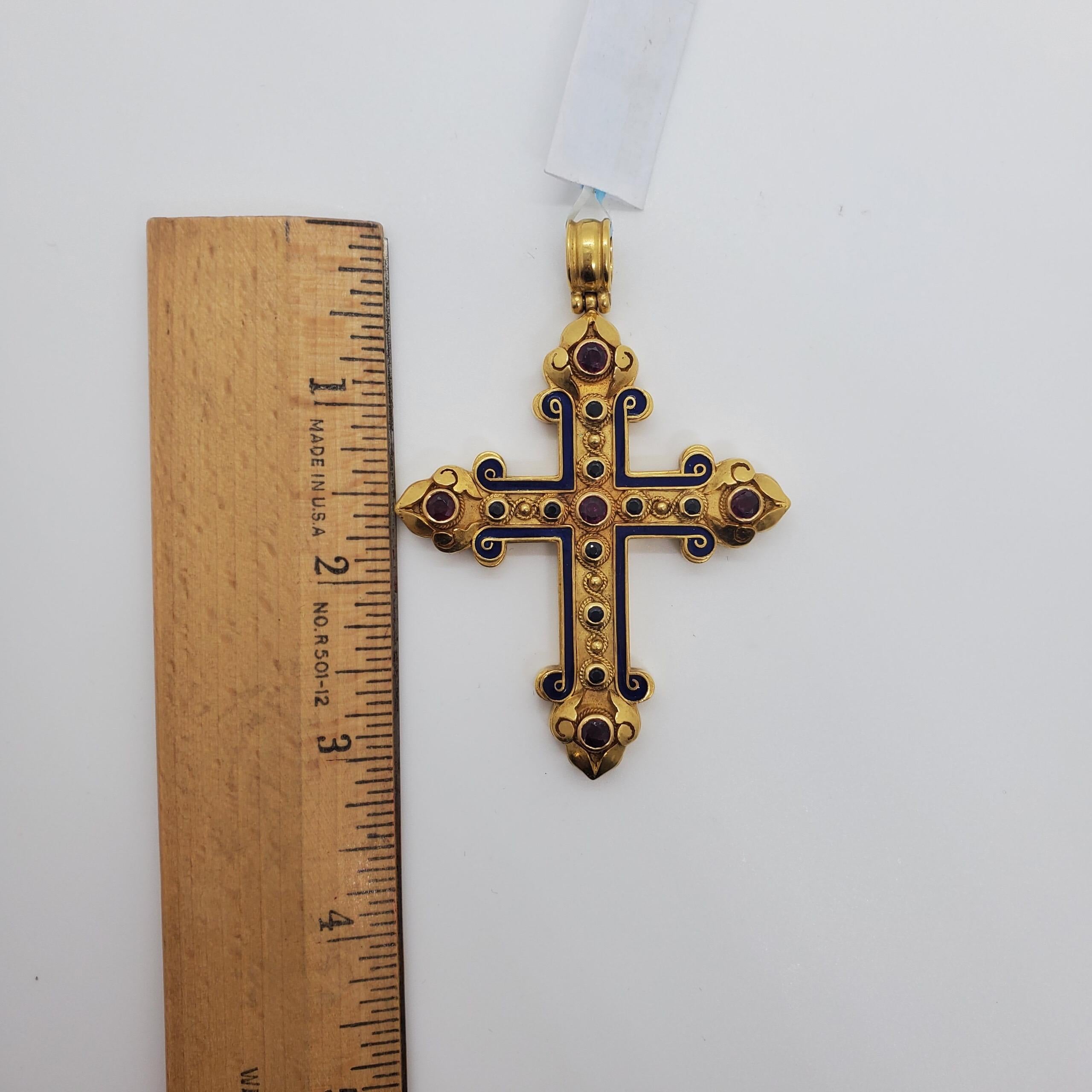 Estate Lalaounis Blue Enamel 18 Karat Yellow Gold Pendant Cross In Excellent Condition In Los Angeles, CA