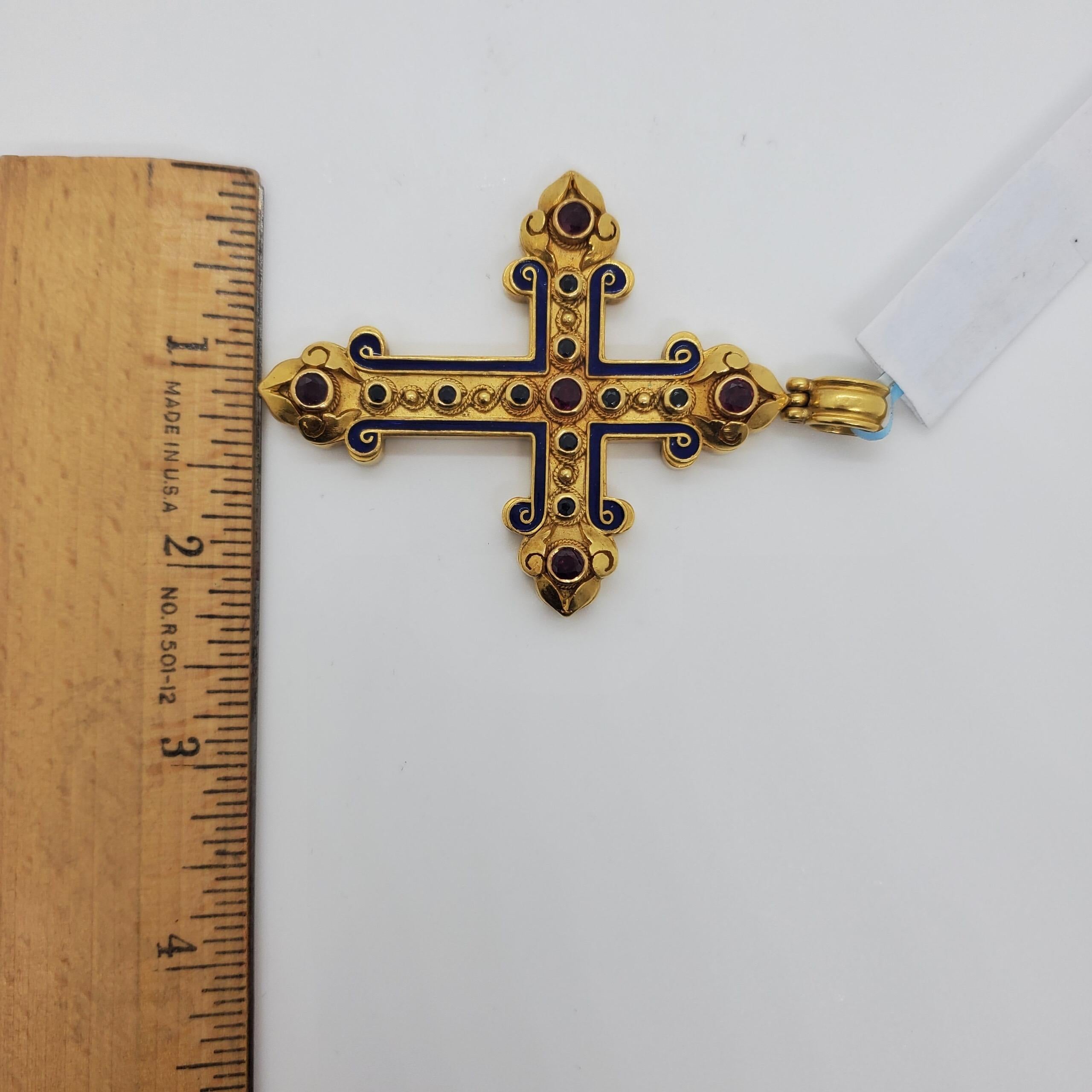 Women's or Men's Estate Lalaounis Blue Enamel 18 Karat Yellow Gold Pendant Cross