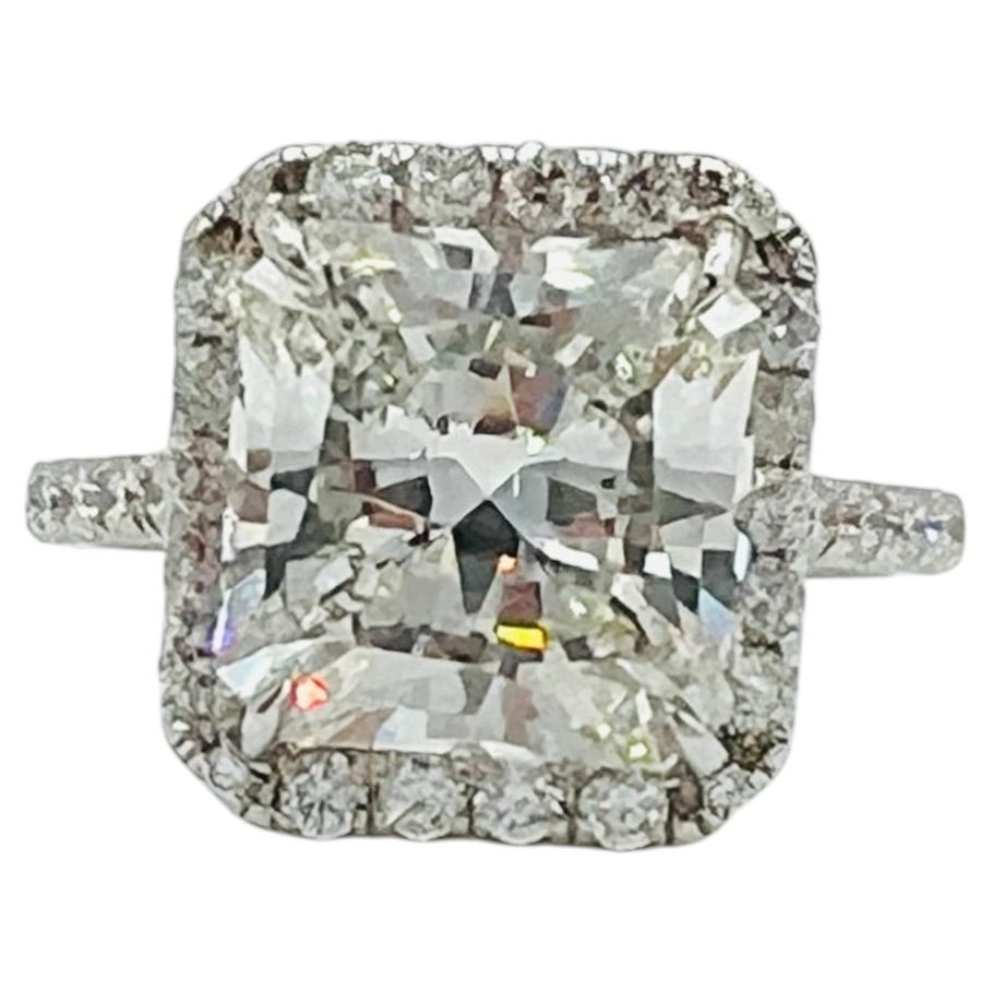 GIA 5.27ct. White Diamond Radiant Ring in 18k White Gold For Sale