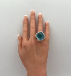 Aquamarine Cabochon and White Diamond Cocktail Ring in 18k White Gold