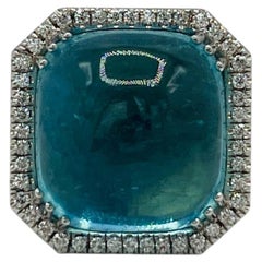 Aquamarine Cabochon and White Diamond Cocktail Ring in 18k White Gold