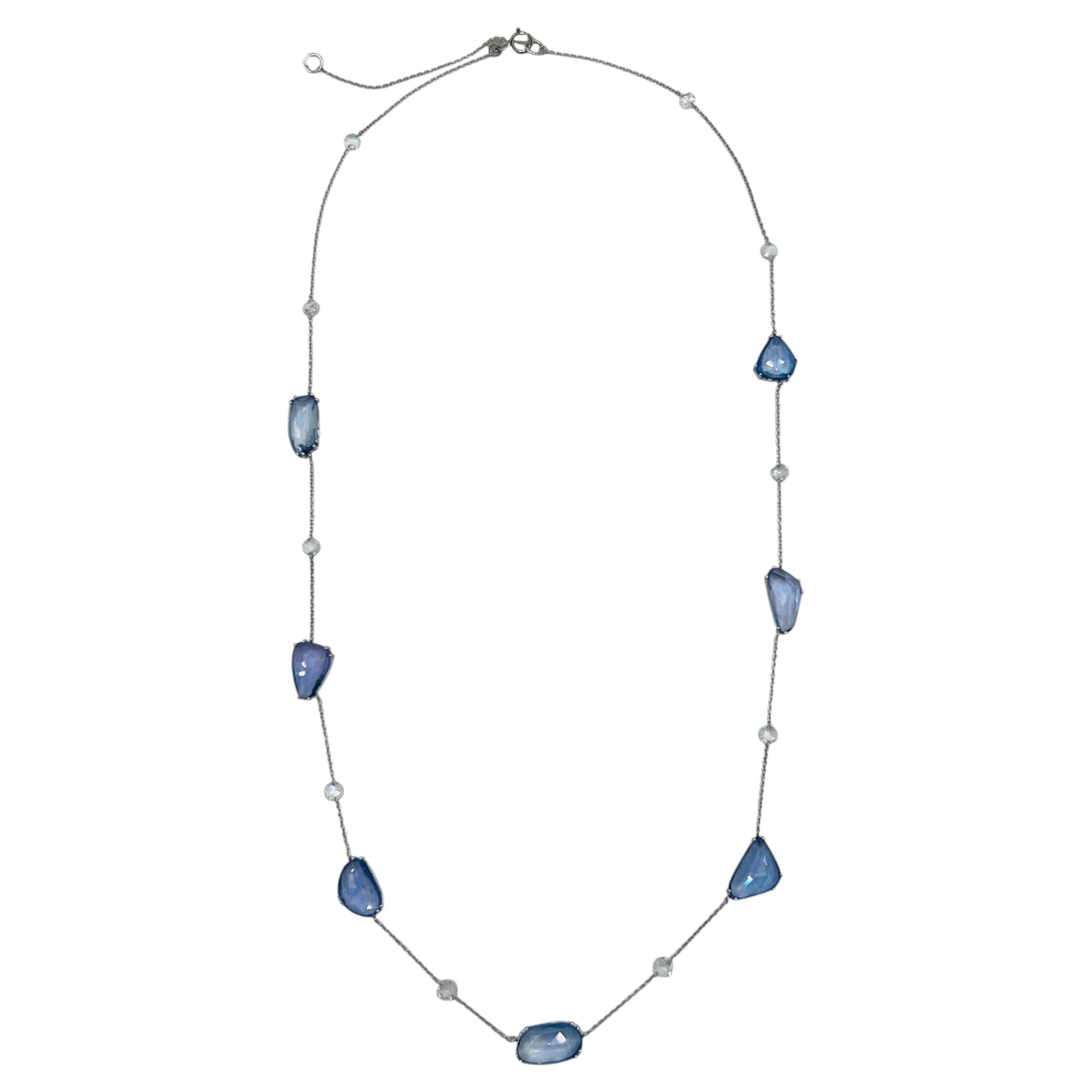 Mix Blue Sapphire and White Diamond Round Necklace in 18K White Gold