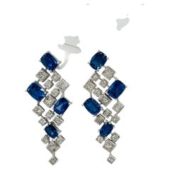 Cushion Blue Sapphire and White Diamond Dangle Earrings in 18K White Gold