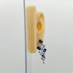 Cushion Blue Sapphire and White Diamond Dangle Earrings in 18K White Gold