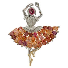 Padparadscha Sapphires and White Diamond Ballerina Brooch in Gold