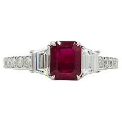 GRS 1.23 Carat Octagonal Burma Ruby and White Diamond Ring in 18K White Gold