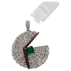 Emerald and White Diamond Fan Pendant in 18K White Gold