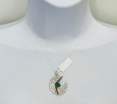 Emerald and White Diamond Fan Pendant in 18K White Gold