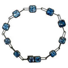 Asscher Blue Sapphire Chain Link Bracelet in Black Rhodium & 18K Gold