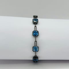Asscher Blue Sapphire Chain Link Bracelet in Black Rhodium & 18K Gold