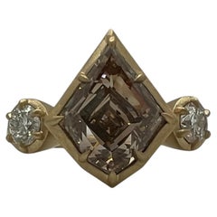 4.10 Carat Brown Diamond Kite Three Stone Ring in 18K Matte Finish Yellow Gold