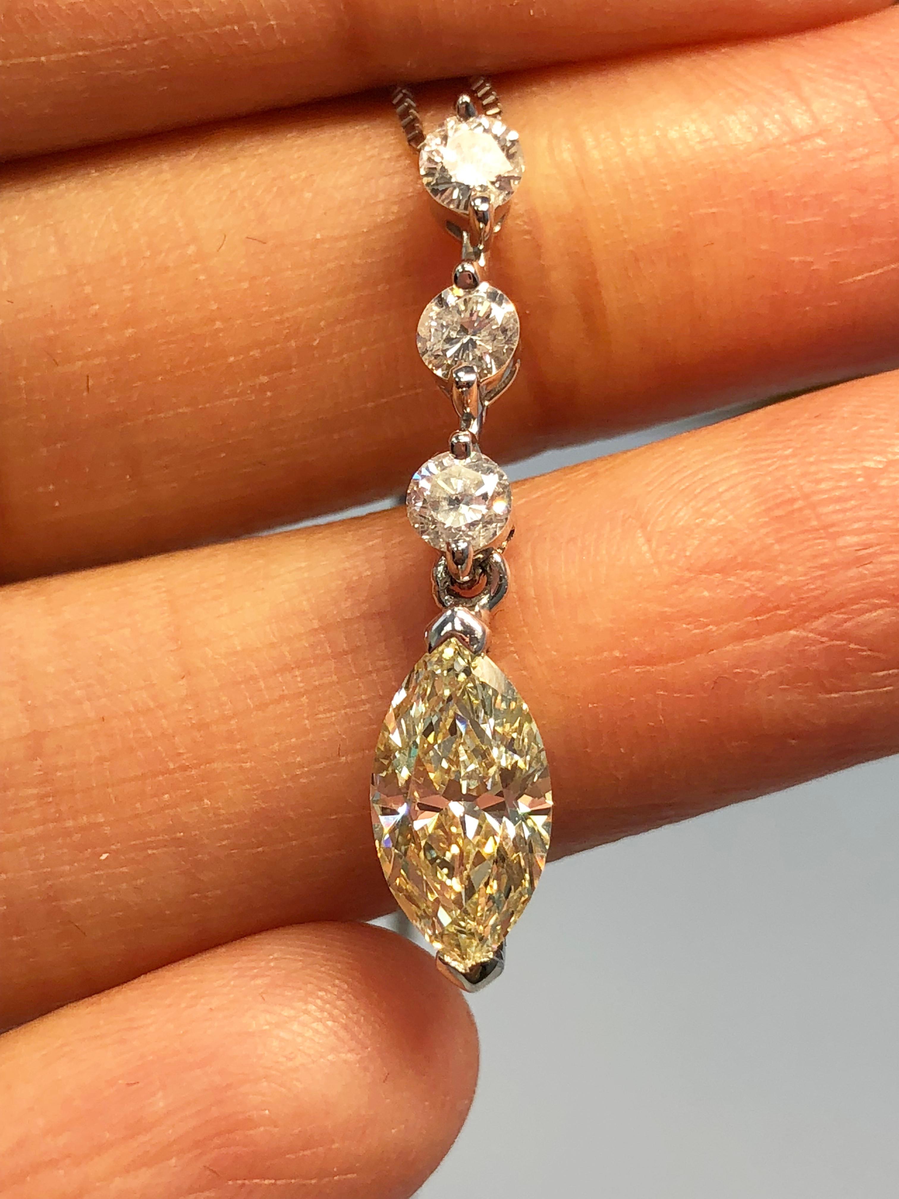Marquise Cut Yellow Diamond Marquise and White Diamond Round Pendant Necklace in 18 Karat Wg