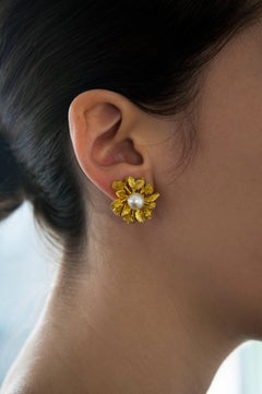 Champagnat for Dior Gold and Pearl Flower Clip on Earrings