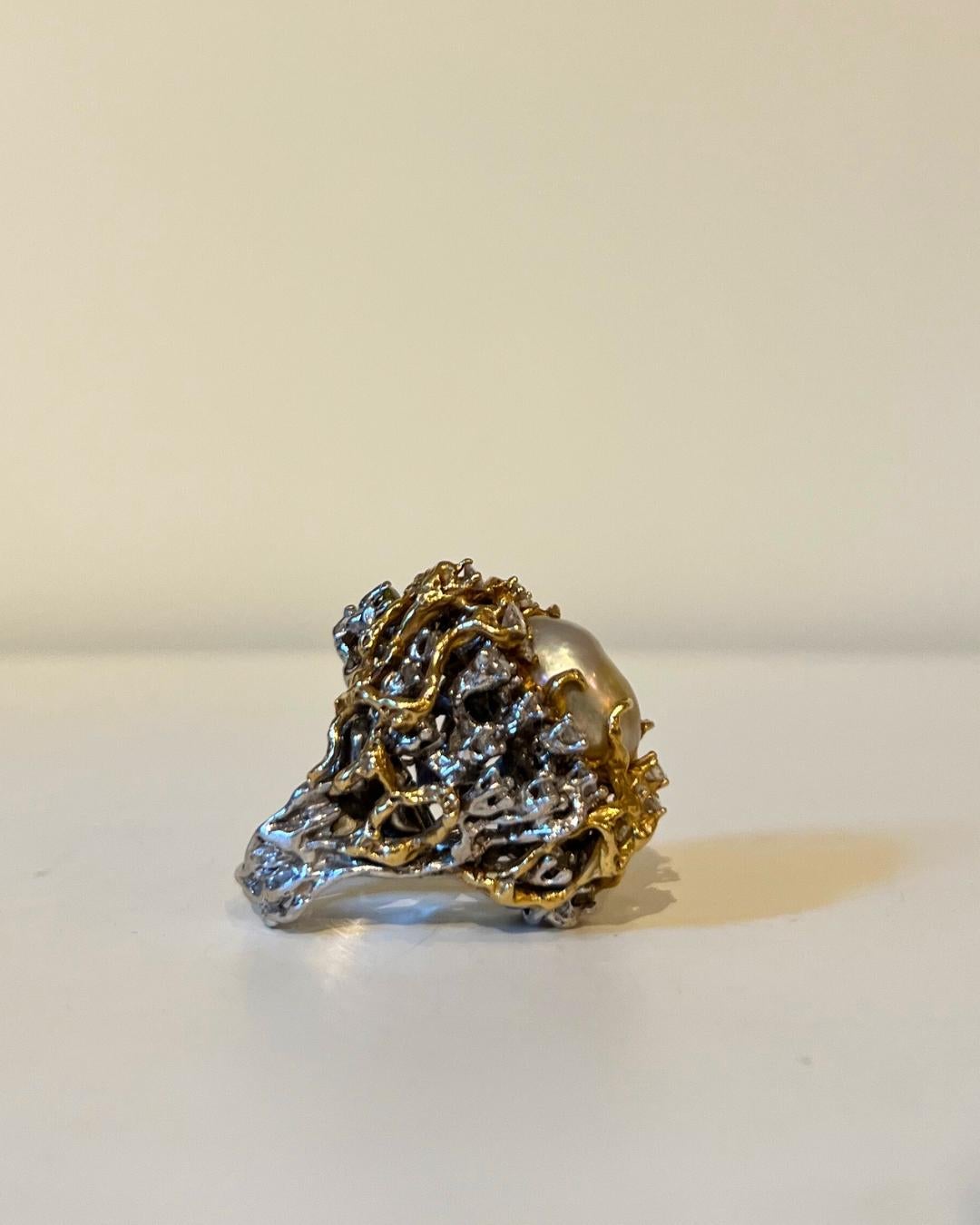 1970s Arthur King, Large South Sea Pearl, Diamond and Gold Cocktail Ring 2