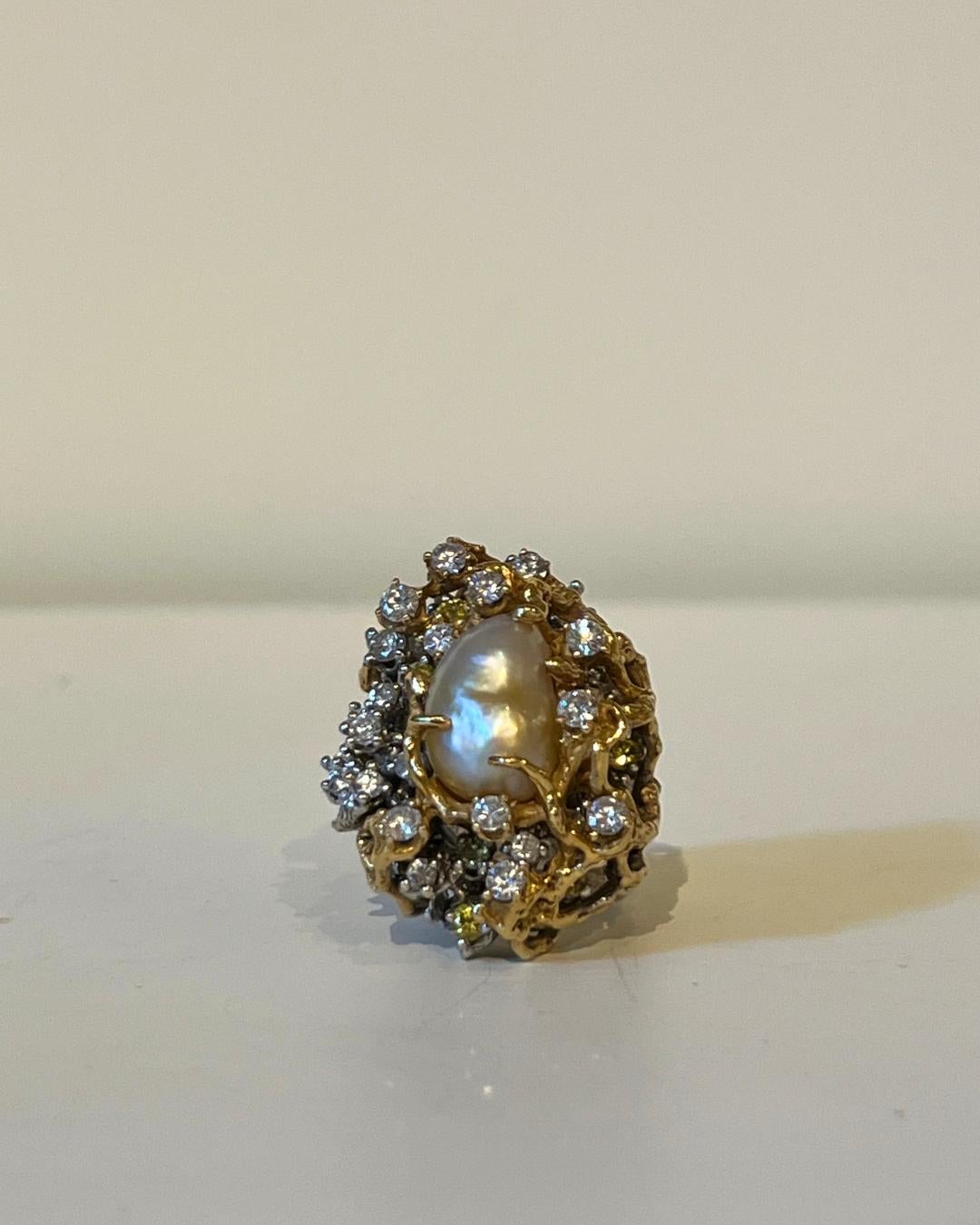 1970s Arthur King, Large South Sea Pearl, Diamond and Gold Cocktail Ring 1