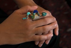 Sonwai Turquoise Lapis Lazuli Coral Inlay Silver Snake Ring