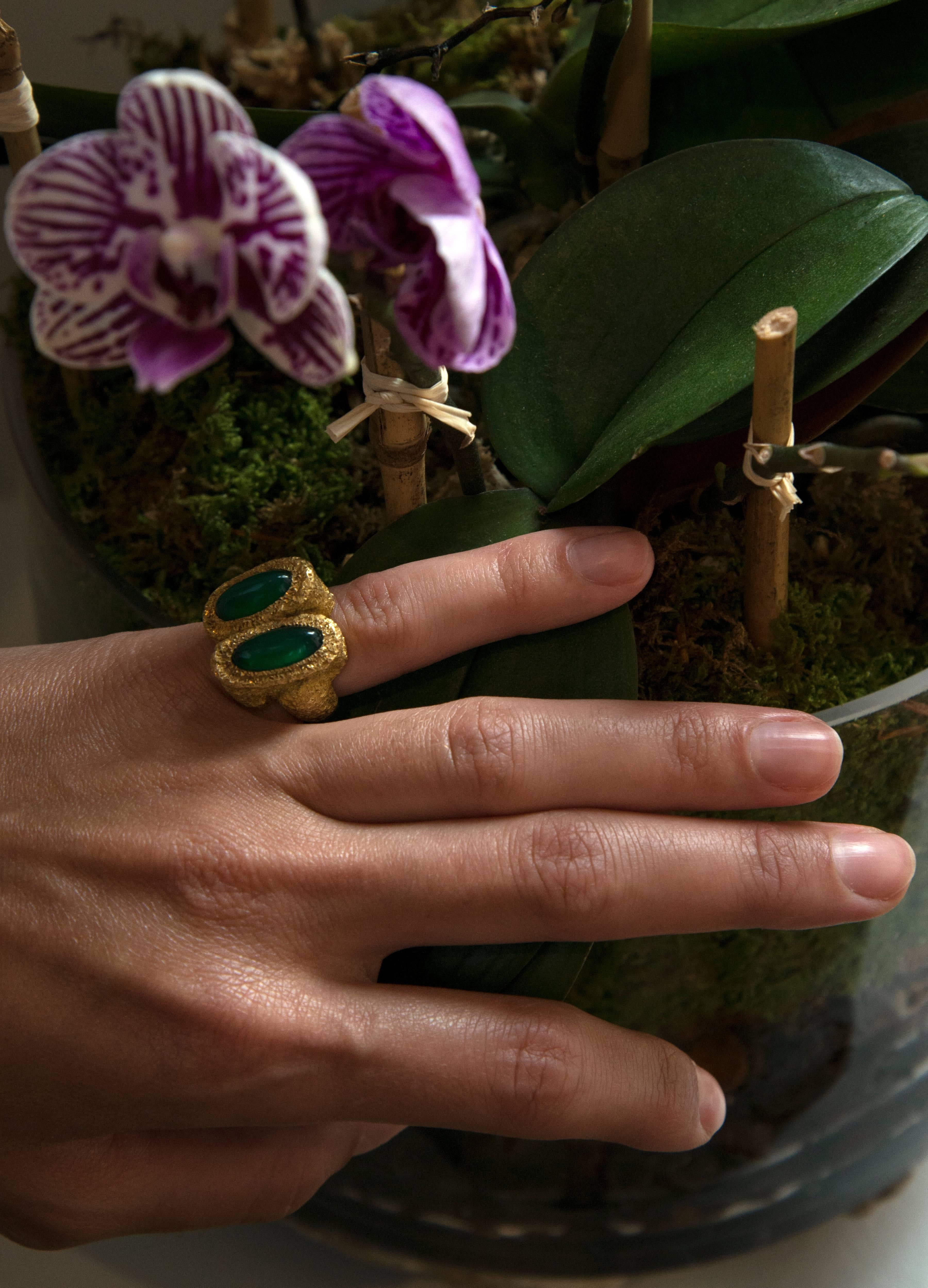 A chrysoprase and deeply textured 18k gold ring, by Chaumet, Paris, c. 1970s. With French hallmarks. Size 5 1/4.