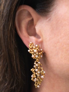 Gilbert Albert 18K Yellow Gold Diamond Pink Pearl Earrings, Circa 1970