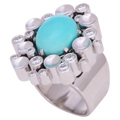 Anello modernista in platino e oro con diamanti e turchese di Toni Cavelti, 1970