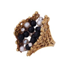 John Donald Cocktailring aus 18-karätigem Gold mit Diamanten, Perlen und Onyx, 1974