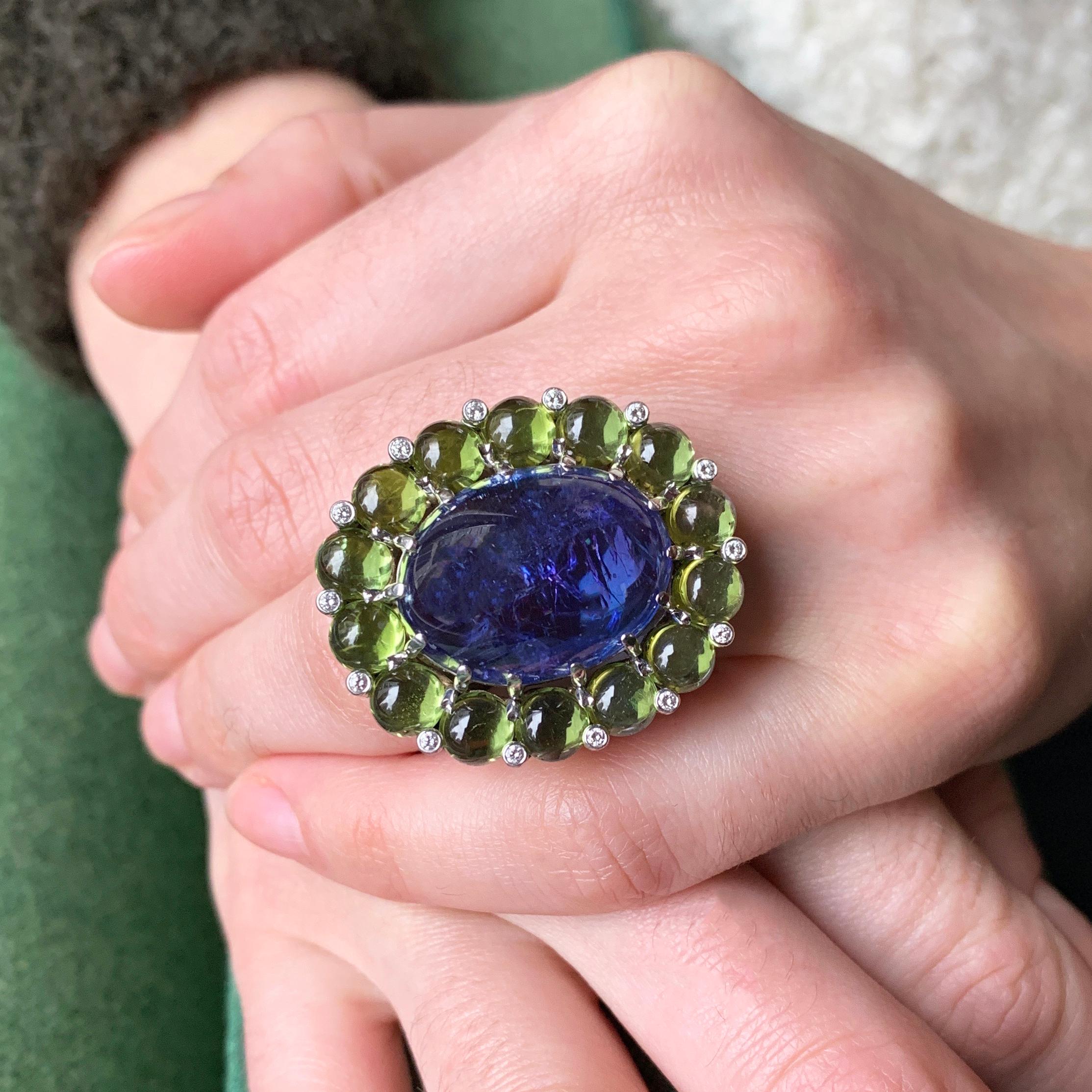 Tanzanite Peridot Diamond and White Gold Cocktail Ring In Excellent Condition In New York, NY