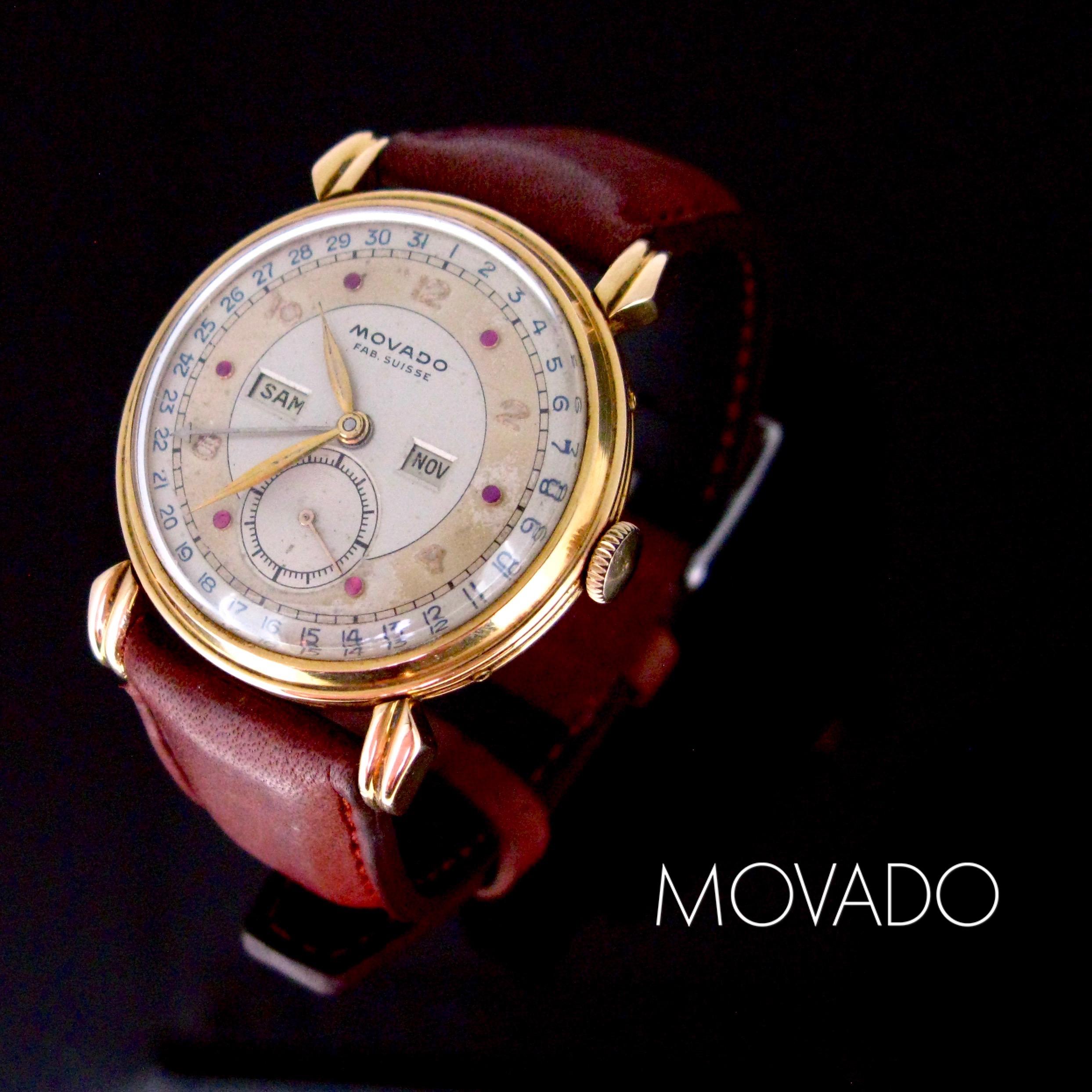 This vintage Movado Triple Calendar Date watch from the 40's is a very scarce model with six rubies set on the dial. It's made in 18K gold (rose/yellow) and is in very good condition for its age.

Total Weight:	48.7 g

Metal:		18K yellow/rose gold
