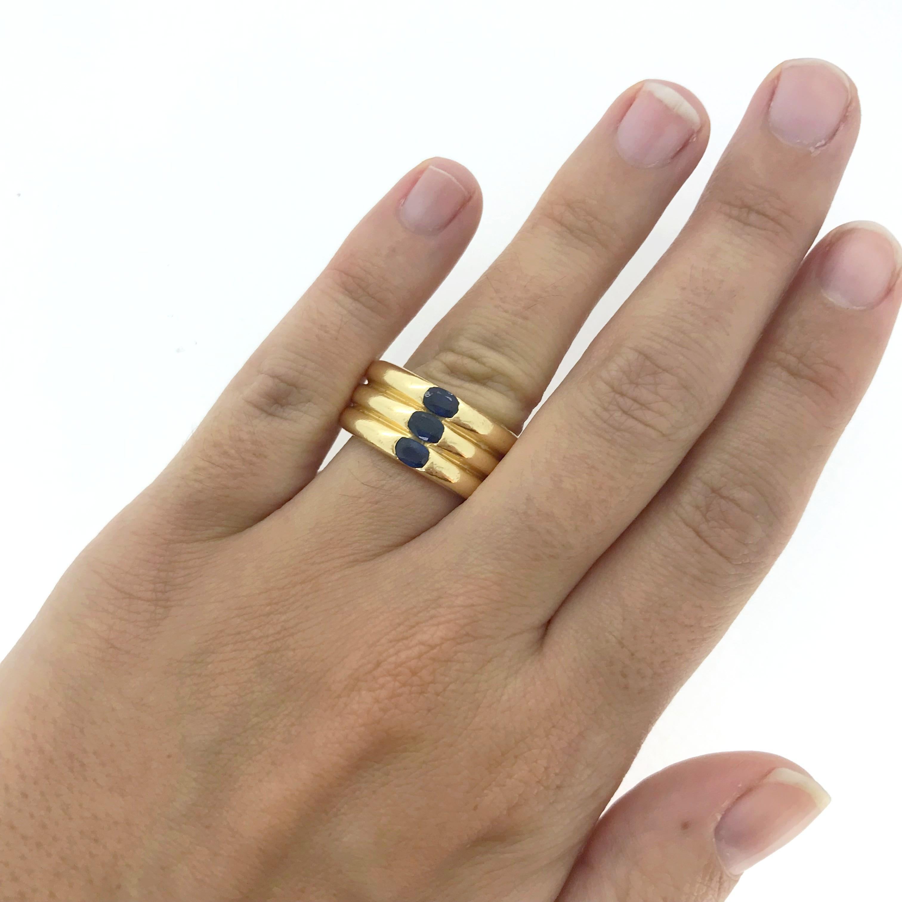 Women's or Men's Cartier Ellipse Sapphire Yellow Gold Triple Stack Band Ring