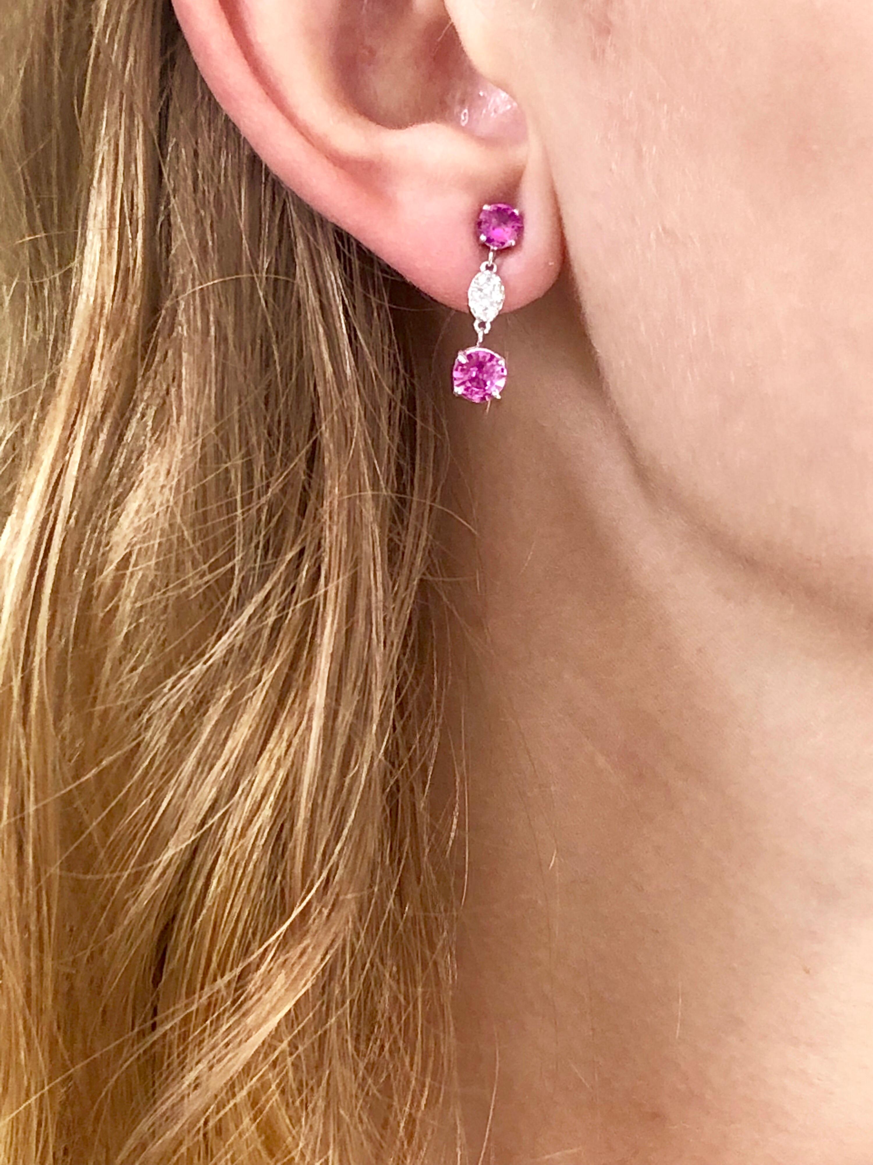 Diamond and Round Pink Sapphire Gold Drop Earrings One Inch Long In New Condition In New York, NY