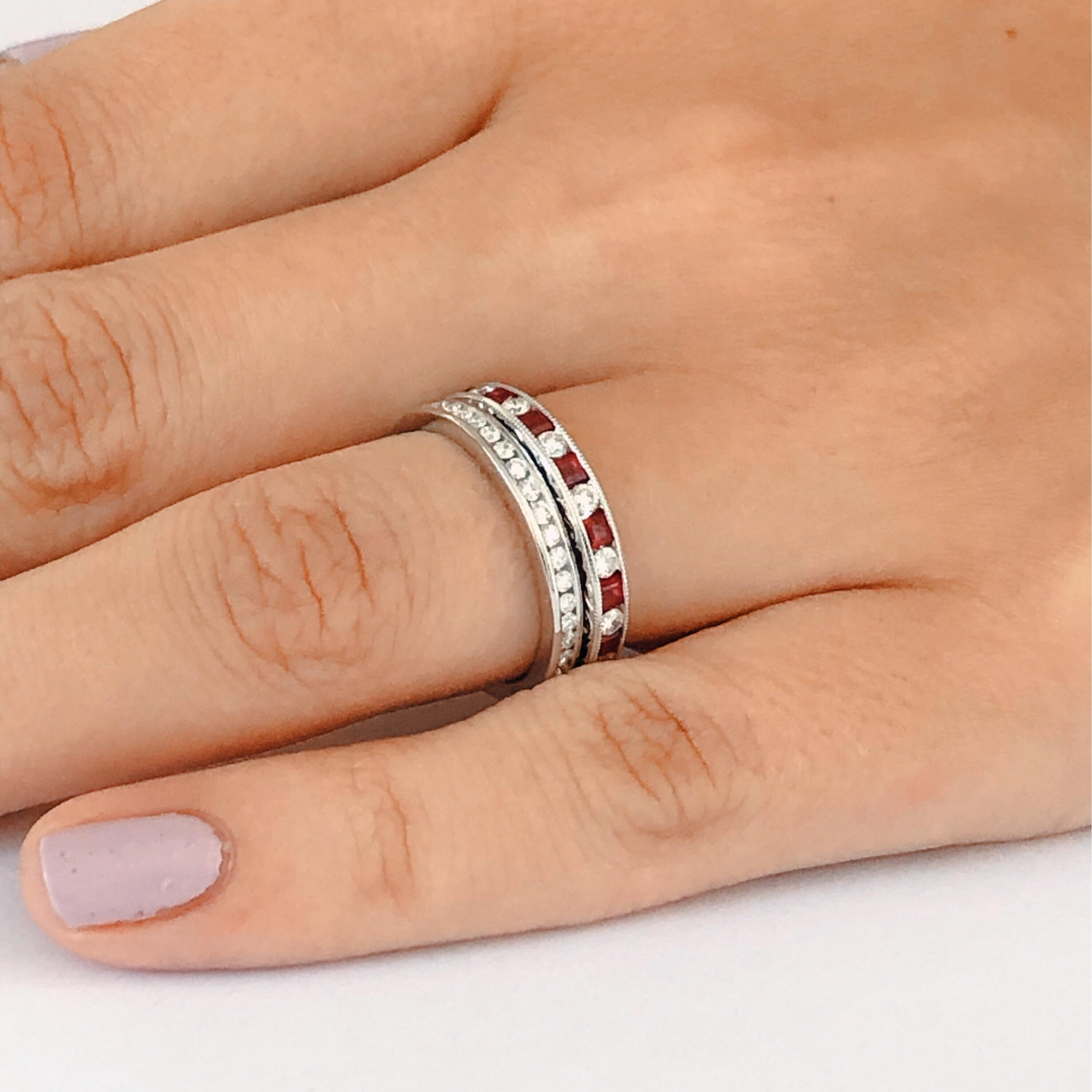 Contemporary Princess Ruby and Diamond Eternity Hand Engraved Eighteen Karat Gold Ring