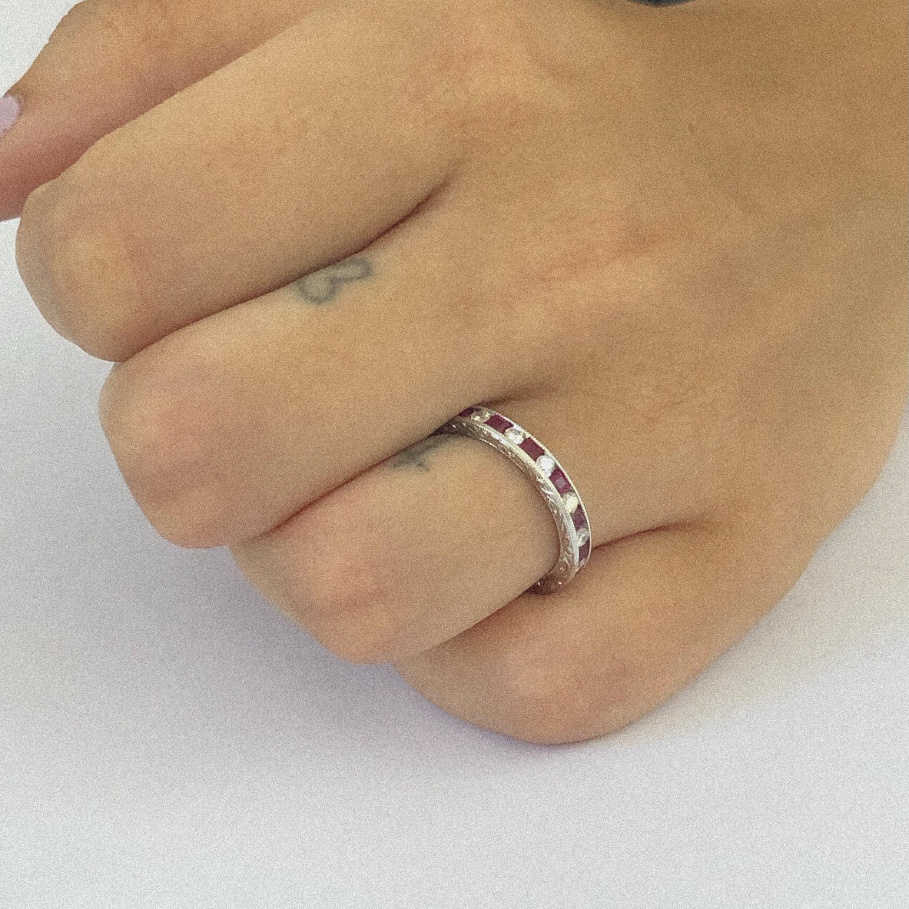 Princess Ruby and Diamond Eternity Hand Engraved Eighteen Karat Gold Ring 1
