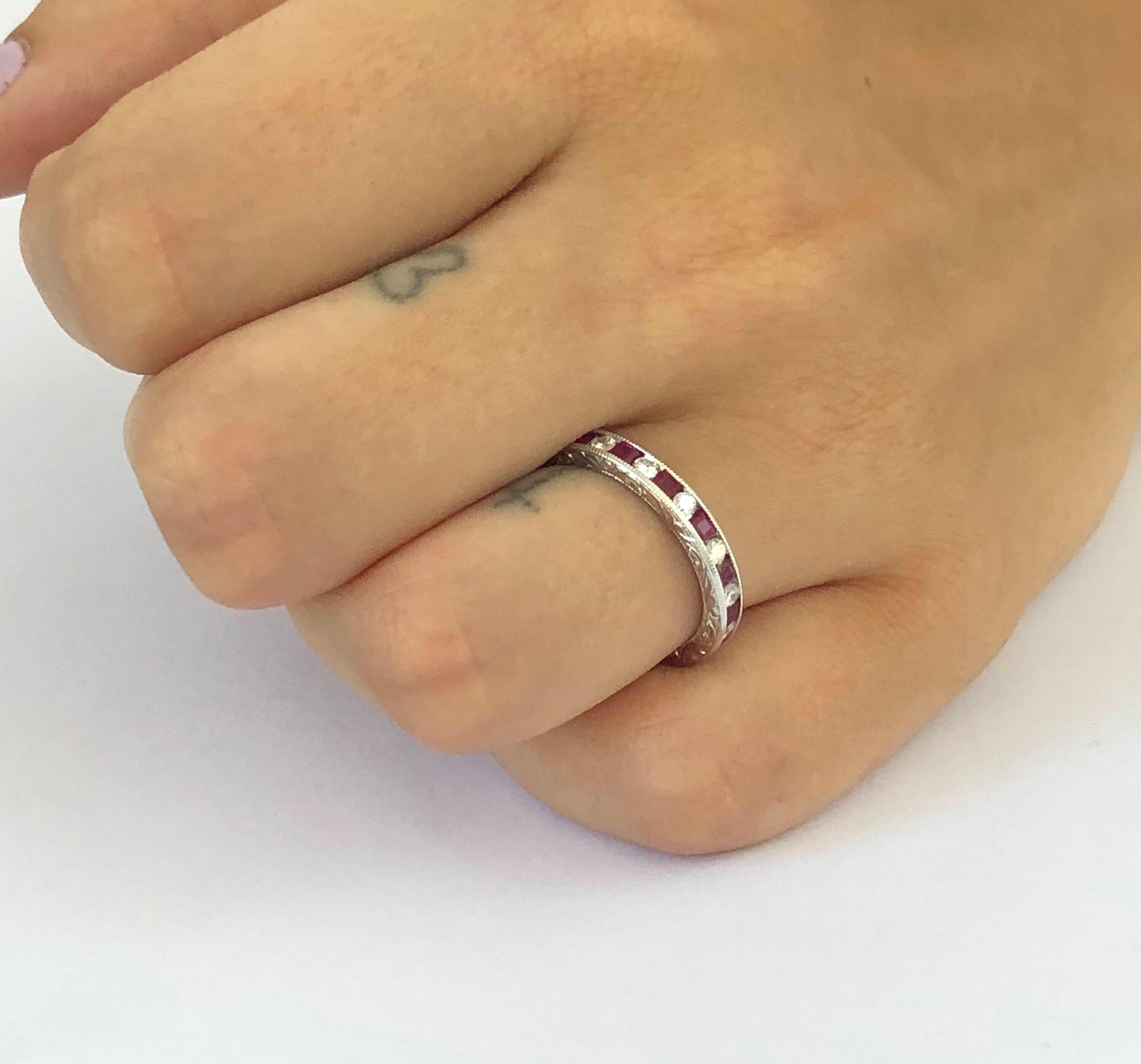 Princess Ruby and Diamond Eternity Hand Engraved Eighteen Karat Gold Ring 2
