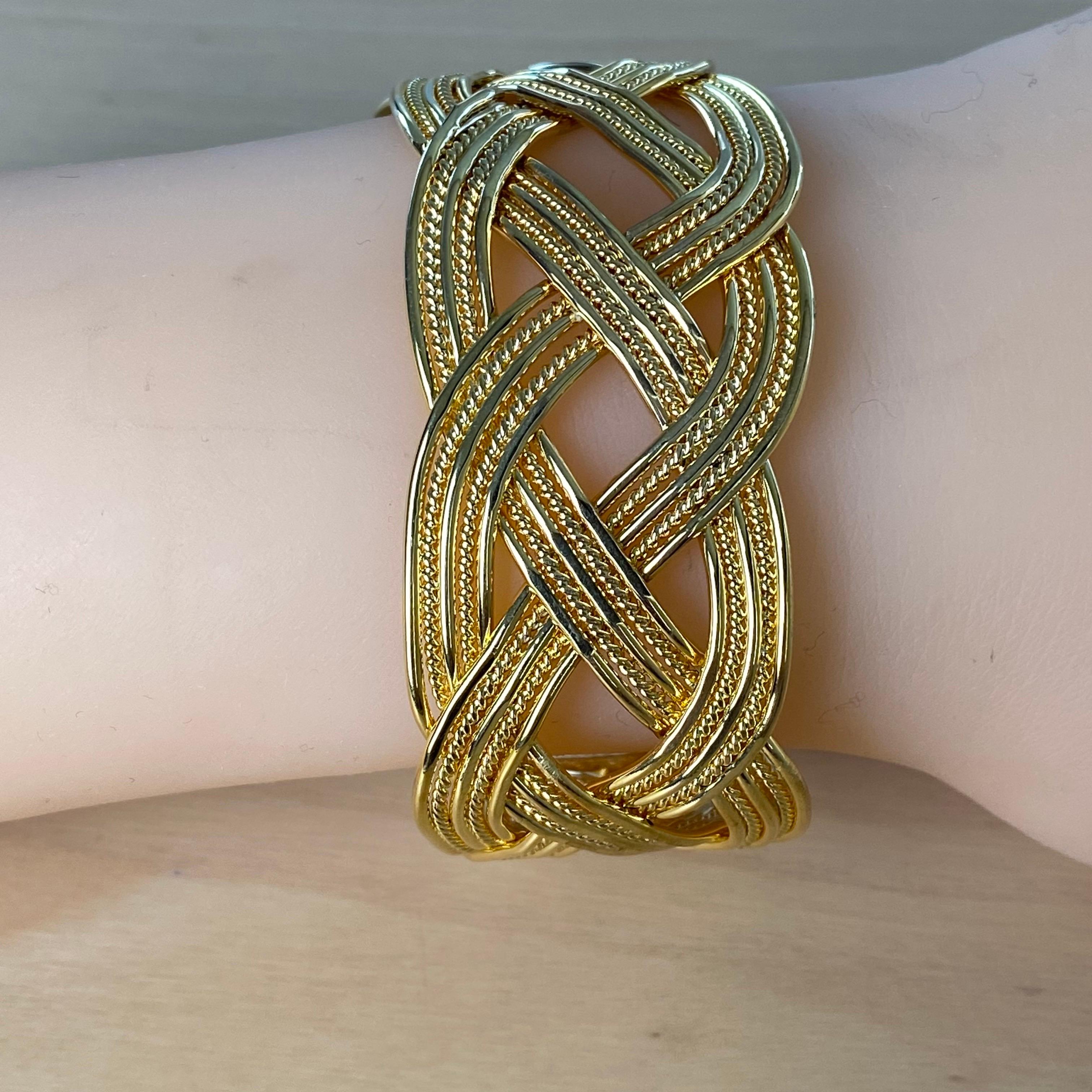 Women's or Men's Tiffany Co Vintage Braided Knot Wide Cuff Yellow Gold Plated 1 Inch Bracelet