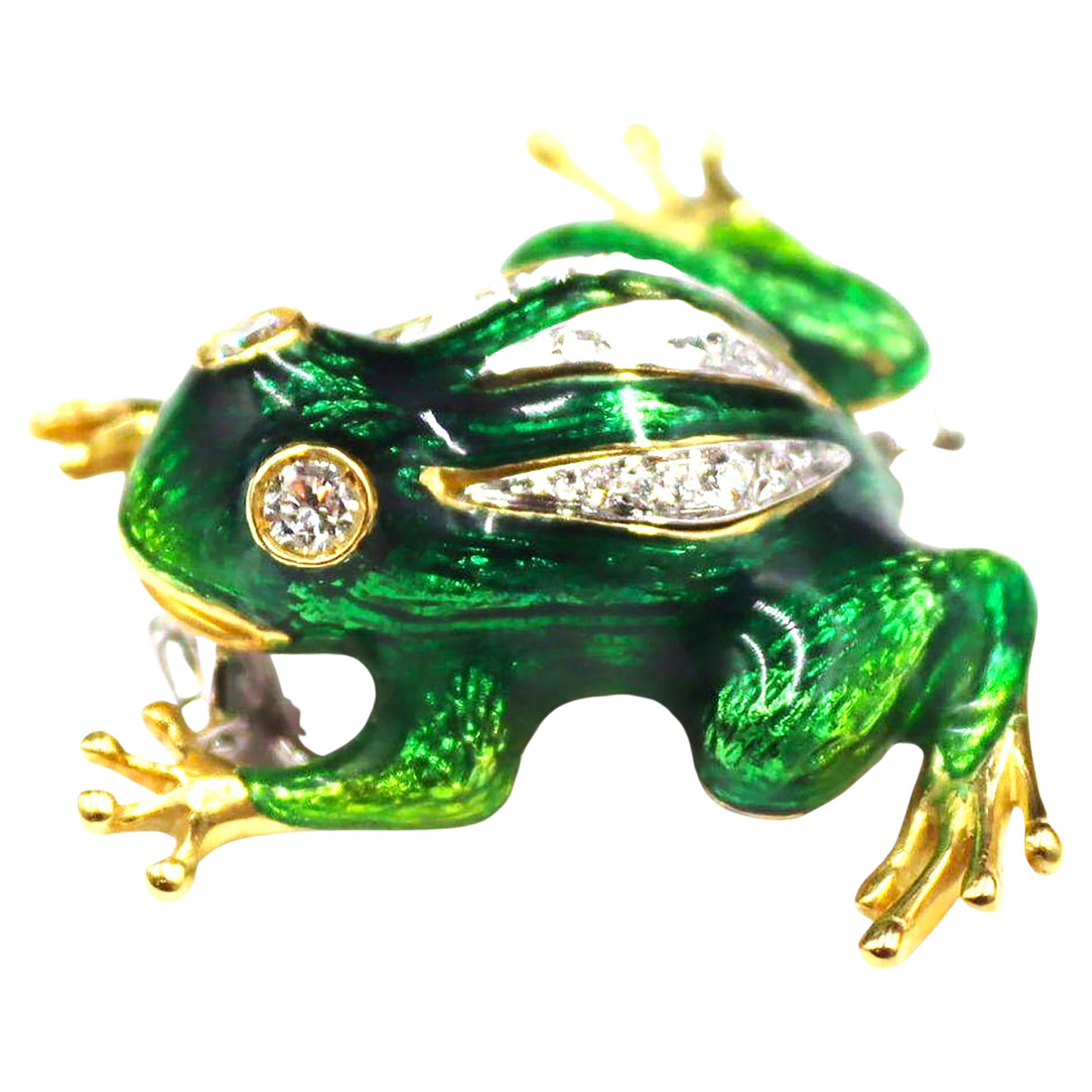 Eighteen Karat Yellow and White Gold Green Enamel Frog Brooch with Diamonds 
