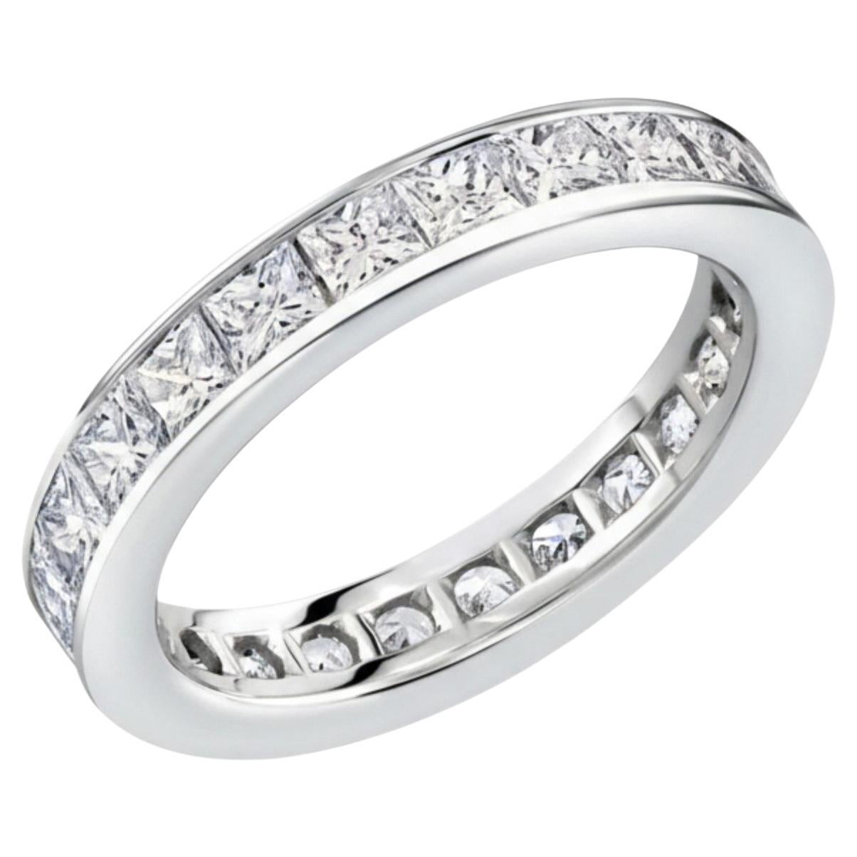 Platinum Princess Diamond 2.75 Carat Eternity 3.5 Millimeter Wide Band Size 6 For Sale