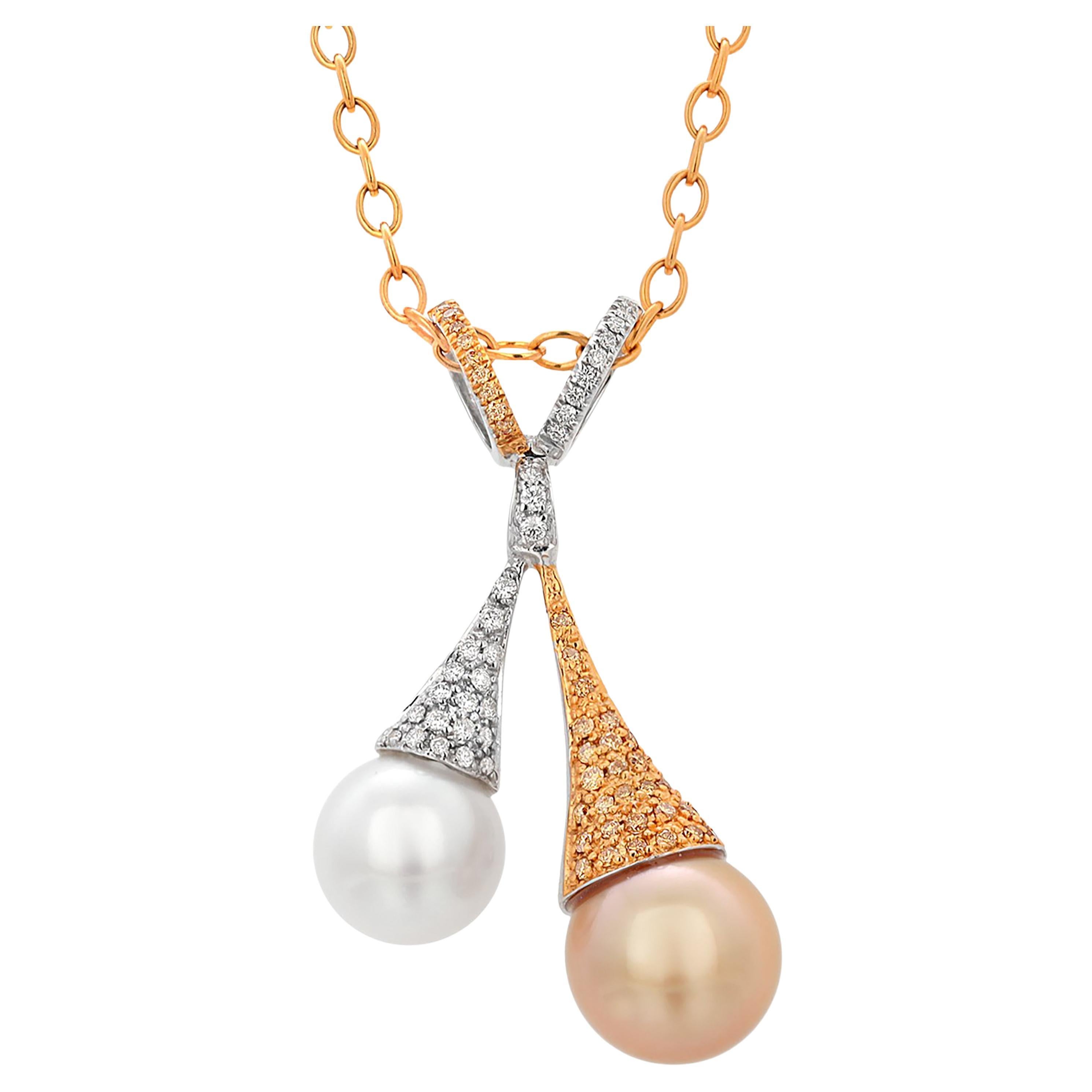 18 Karat Gold Fancy White Yellow Diamond 0.60 Carat White Golden Pearls Pendant For Sale