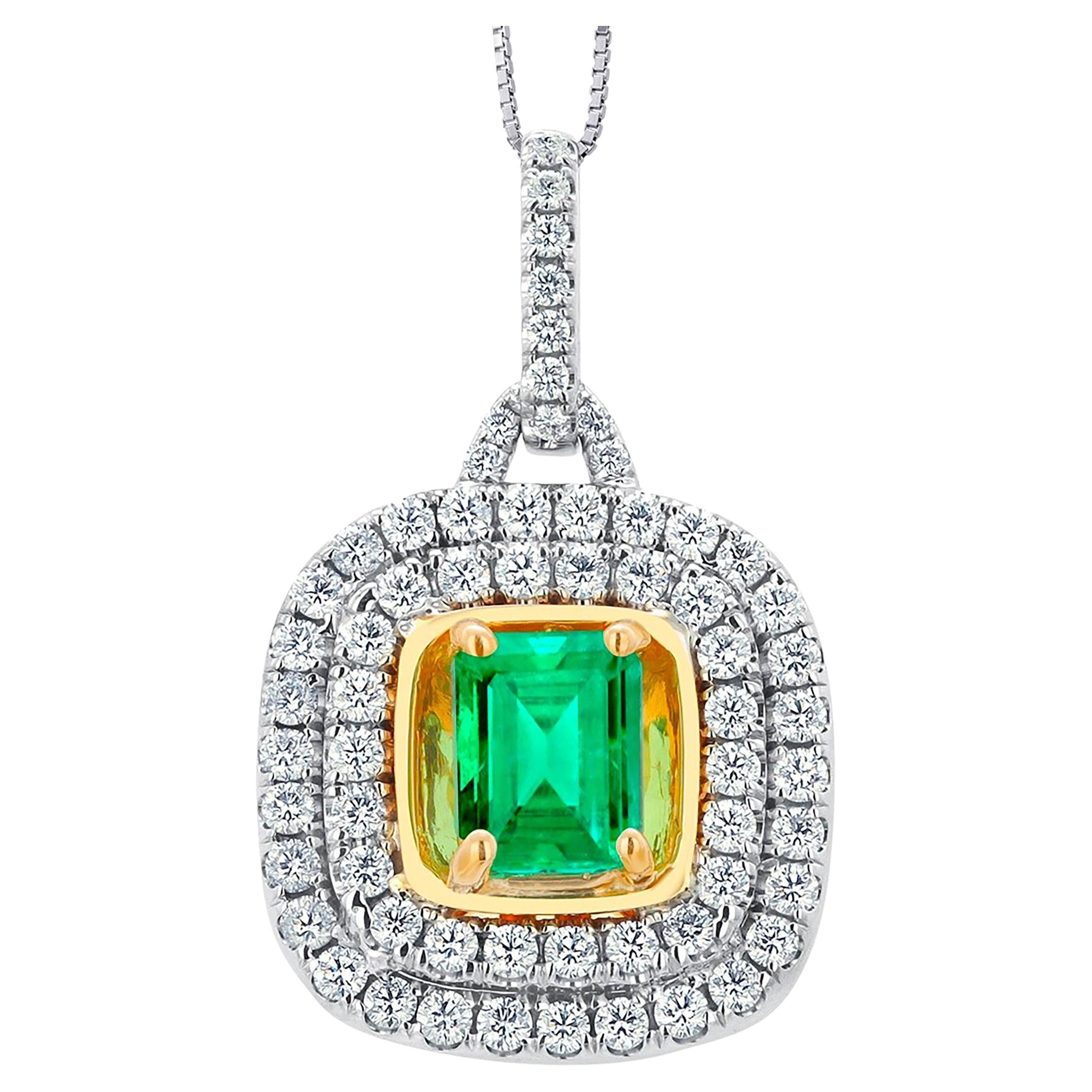 Pendentif en or bicolore 18 carats avec double rangée de diamants et émeraudes de 16 pouces en vente