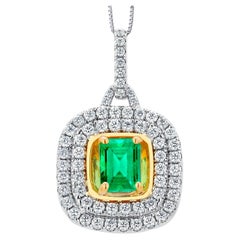 Colgante de oro bicolor de 18 quilates con doble fila de diamantes esmeralda y cadena de 16 pulgadas