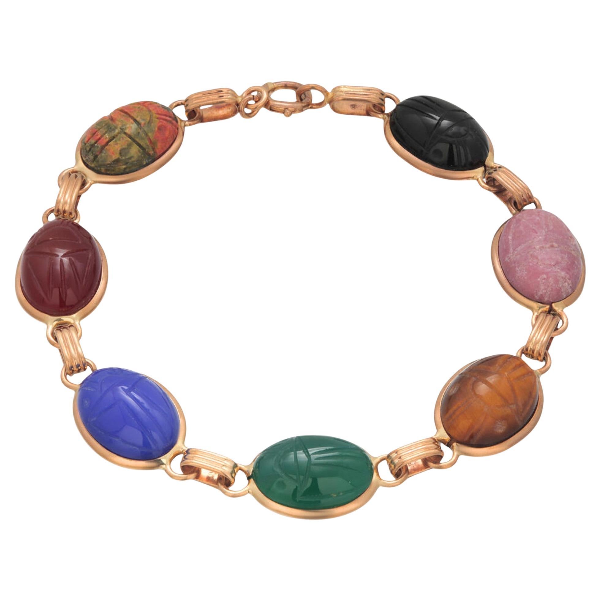 Pulsera Escarabajo de Oro Amarillo de 14 K con Gemas Talladas Vibrantes 7 Pulgadas
