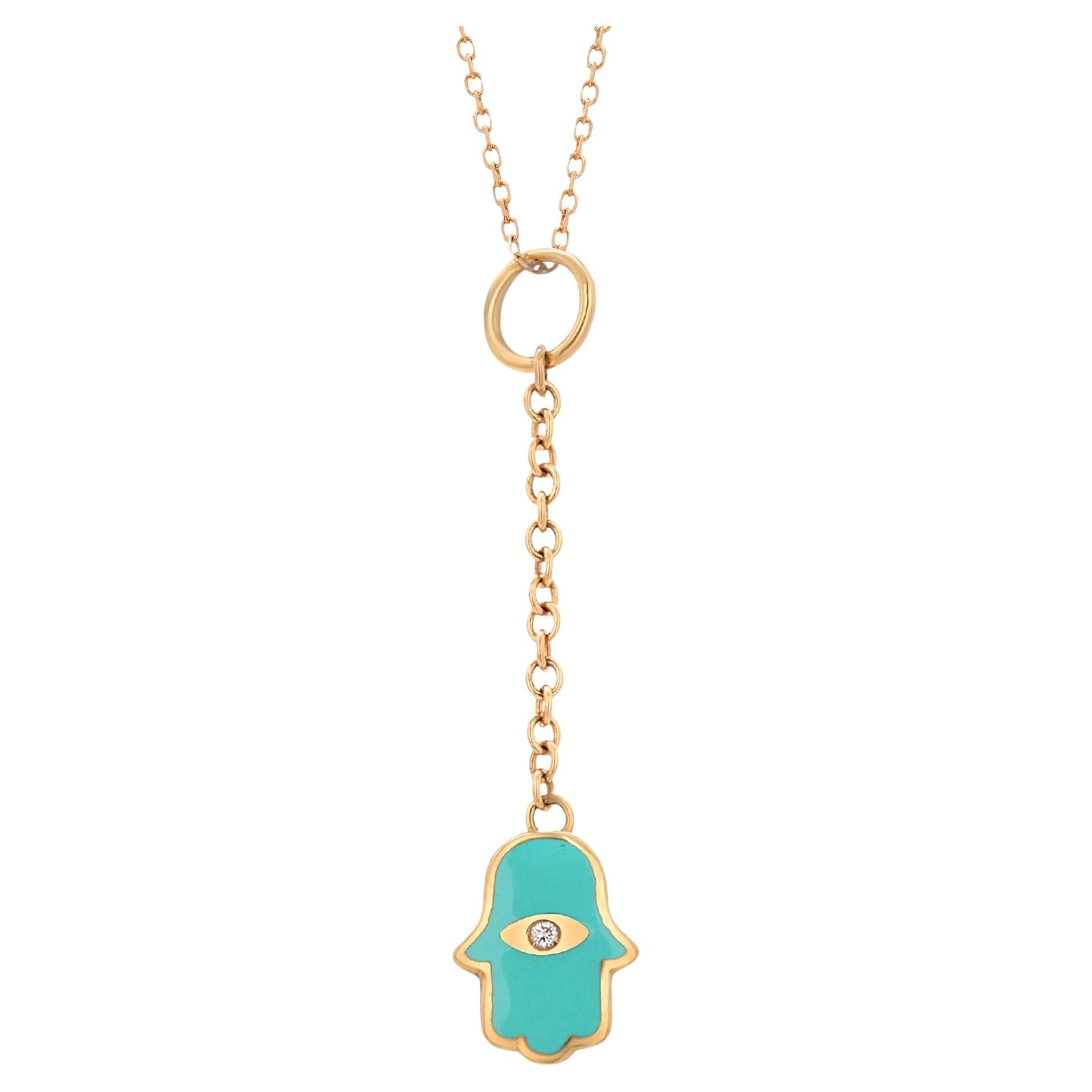 Aaron Basha Pendentif Hamsa vintage en or jaune 18 carats, diamants et émail turquoise