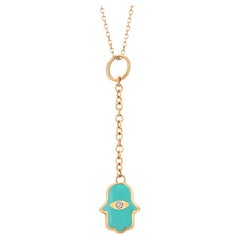 Aaron Basha Vintage 18K Yellow Gold Diamond and Turquoise Enamel Hamsa Pendant