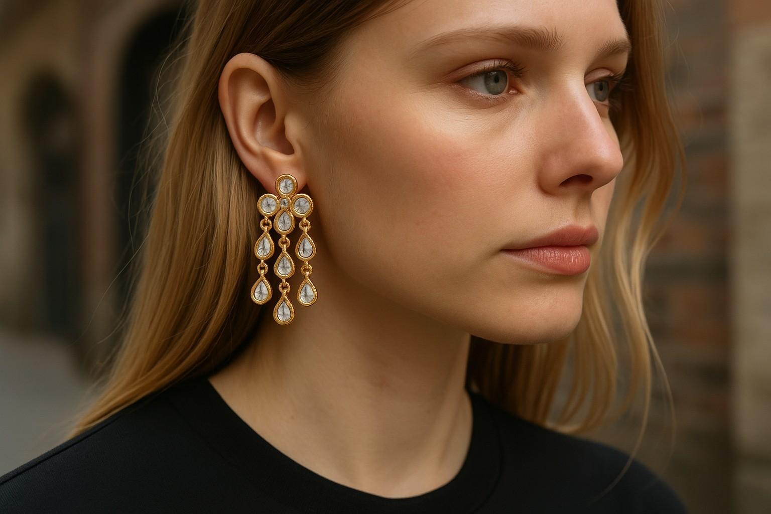 Boucles d'oreilles pendantes en or 14K Polki, diamant et émail Meenakari, faites à la main Bon état - En vente à New York, NY